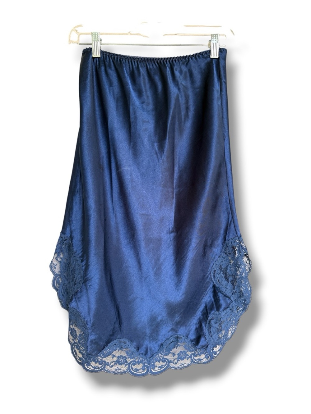 Vintage Navy Blue Satin Slip Skirt W Lace Trim Size Small - Picture 2 of 11